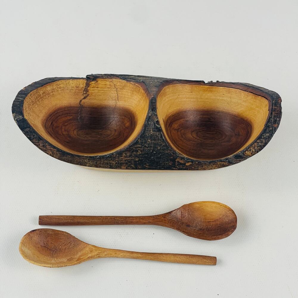 Rustic Wood Carved Two Tone Divided Condiments Bowl with Spoons